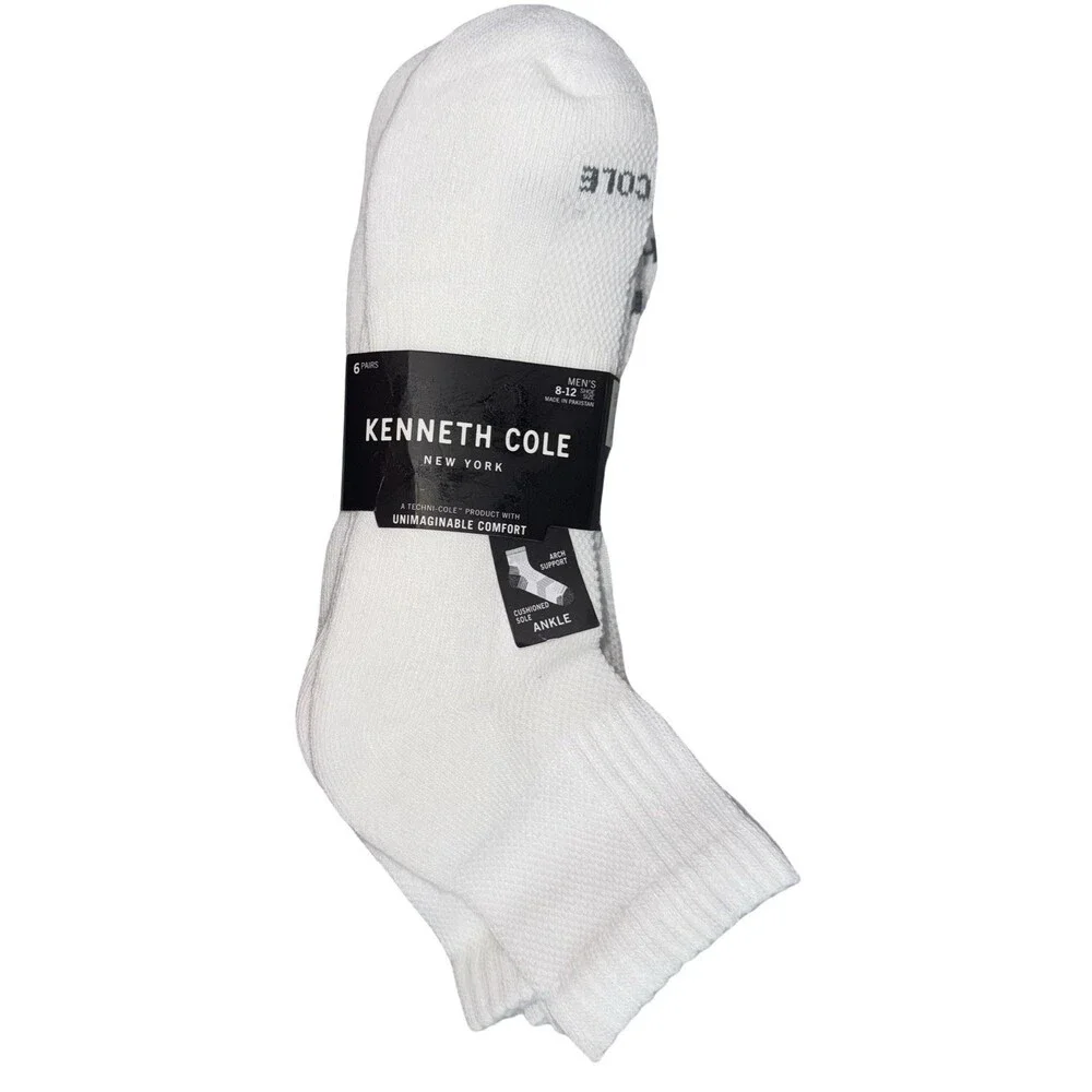 Kenneth Cole Mens 8-12 Ankle Socks White 6-Pairs Ankle Support Cushioned New